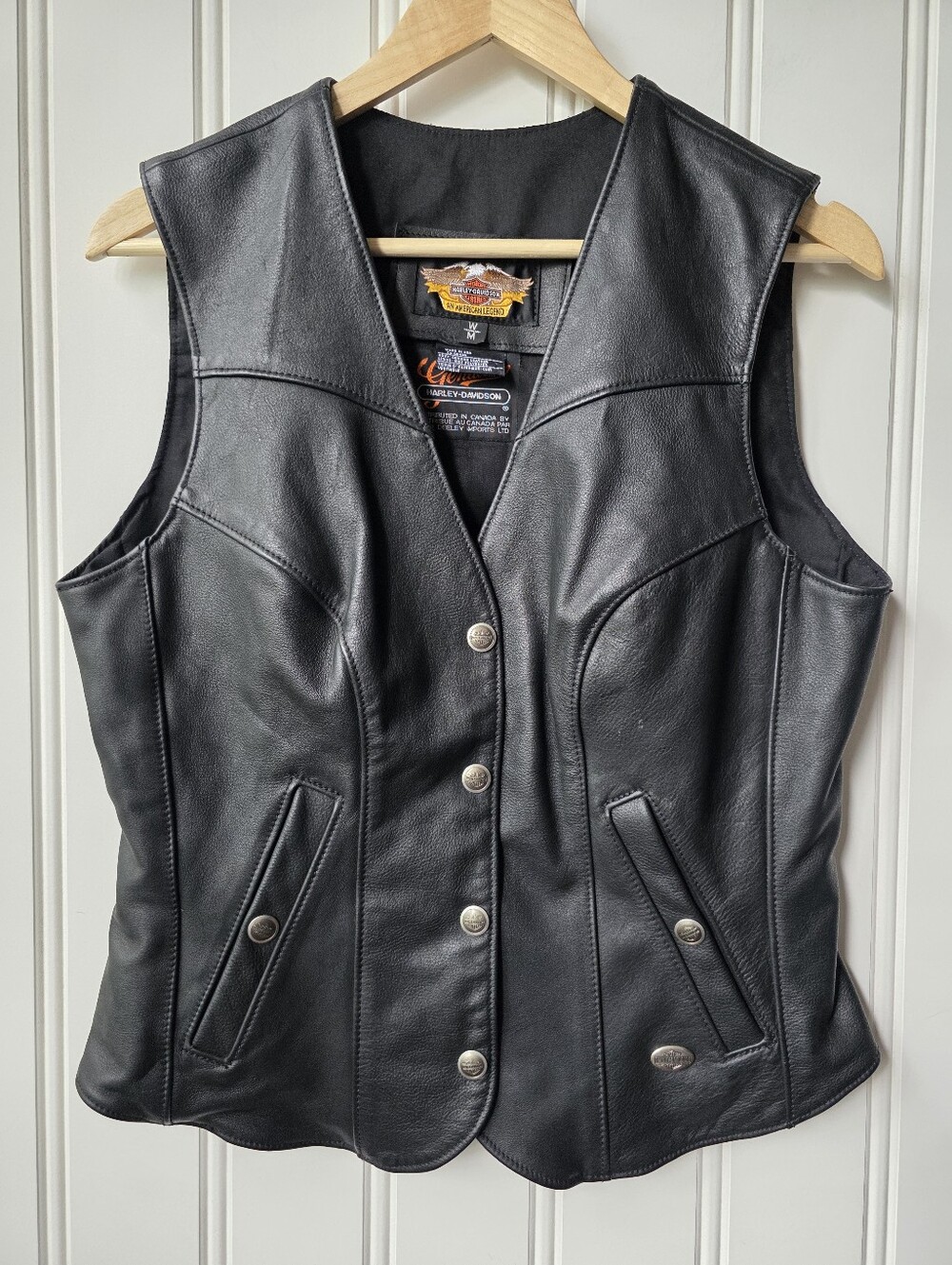 Harley Davidson An American Legend Black Leather Snap Front Biker Vest Womens M